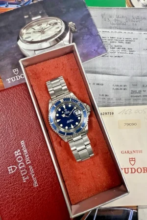 Montre Tudor Submariner pour homme 79090 bleue - Vintage années 1990 - 40 mm - Boîte et papiers Tudor