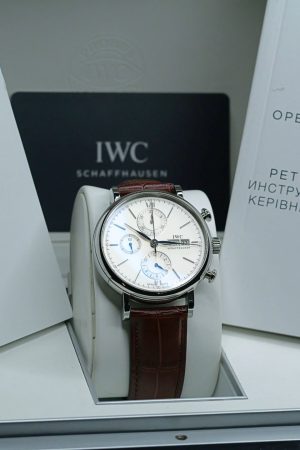 Montre IWC Portofino Chronographe Cadran Argent Bracelet Acier État Neuf Ensemble Complet IW391027