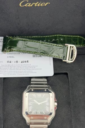 Montre de luxe Cartier Santos Medium en acier inoxydable, cadran vert, référence WSSA0061, ensemble complet